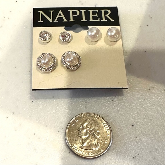 NWT Napier Earrings- set of 3 pairs- silver tone, clear rhinestones, faux pearls - Picture 7 of 8
